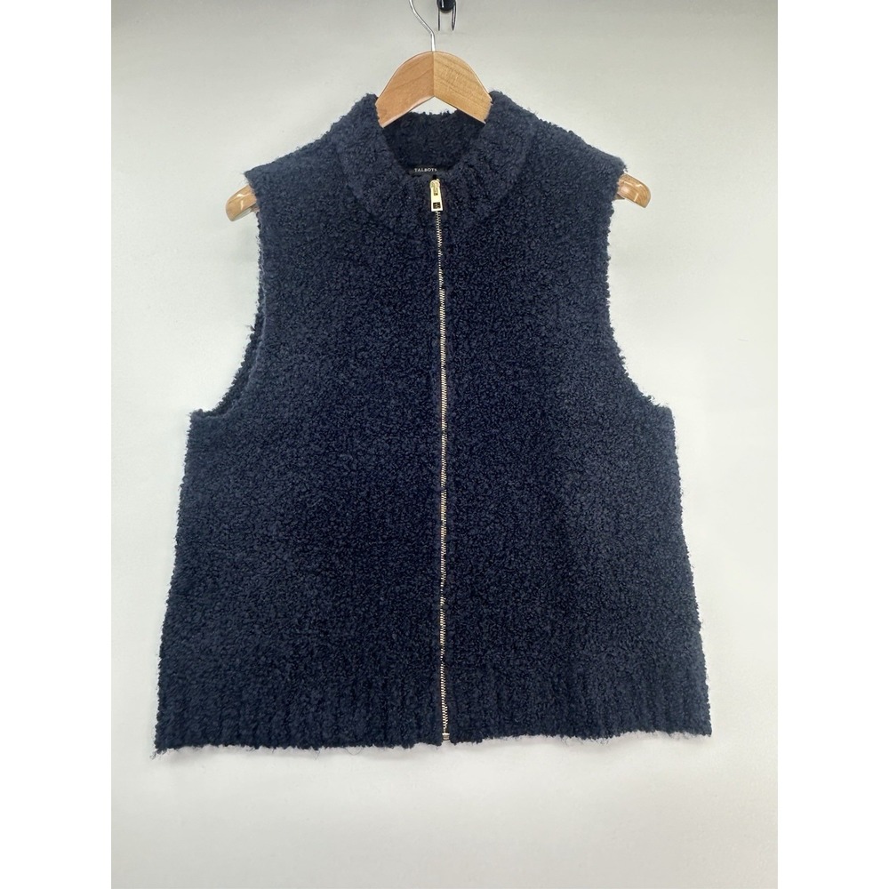 Talbots Wool Blend Cable Knit Sweater Zipper Vest Women's XL Navy Blue